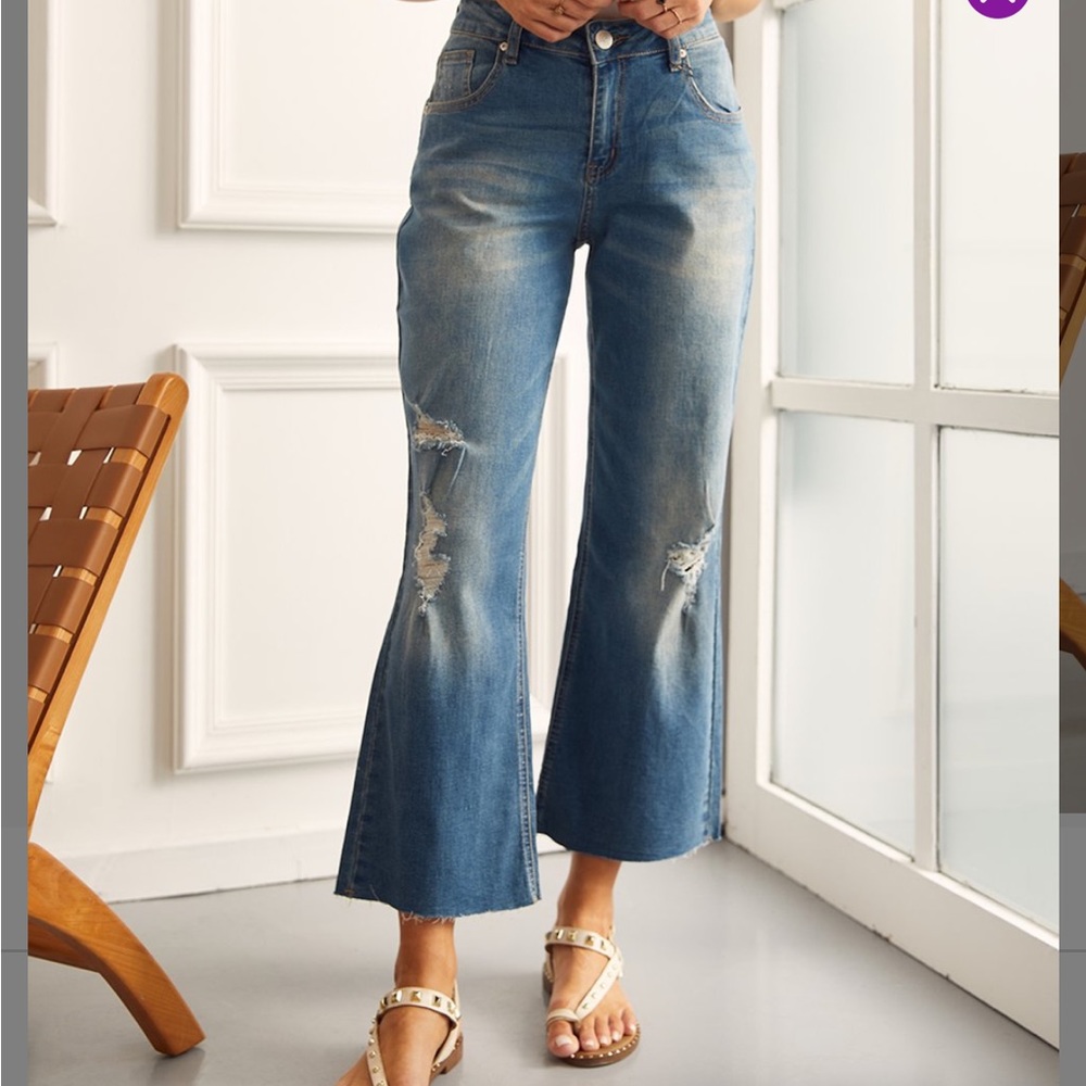 Medium light wash distressed, straight leg jeans